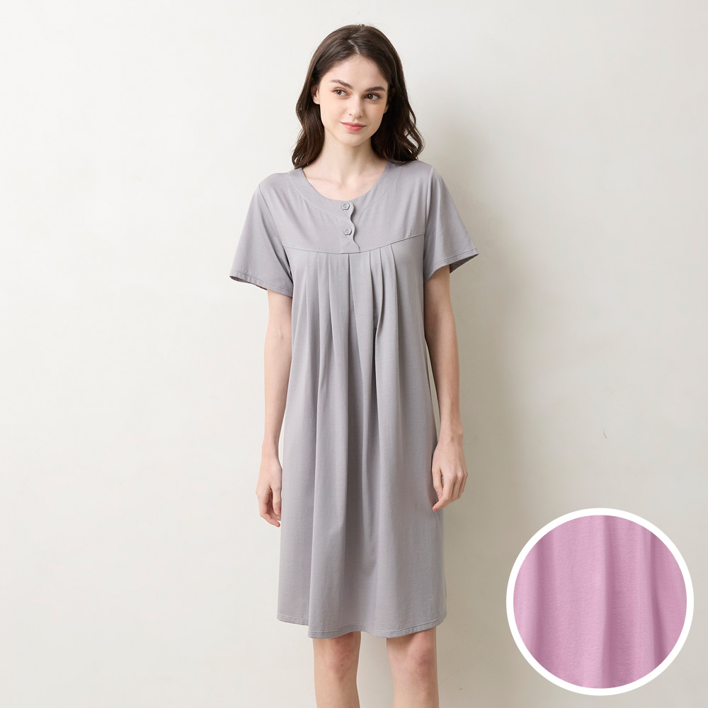 華歌爾睡衣-睡眠研究系列 M-L長絨棉半開襟洋裝(攔瓣紫)-LWB06541DA