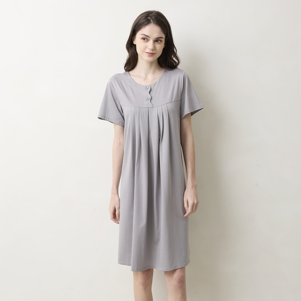 華歌爾睡衣-睡眠研究系列 M-L長絨棉半開襟洋裝(亮岩灰)-LWB06541FG