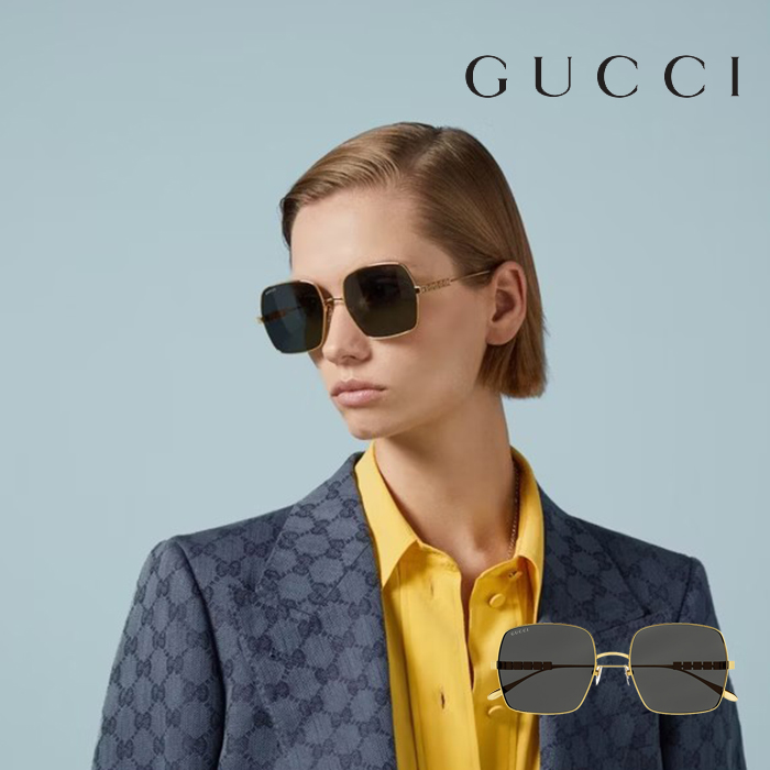 【Gucci】古馳 GG1434S 001 57mm 大鏡面 造型款太陽眼鏡 方框墨鏡 灰色鏡片/金框