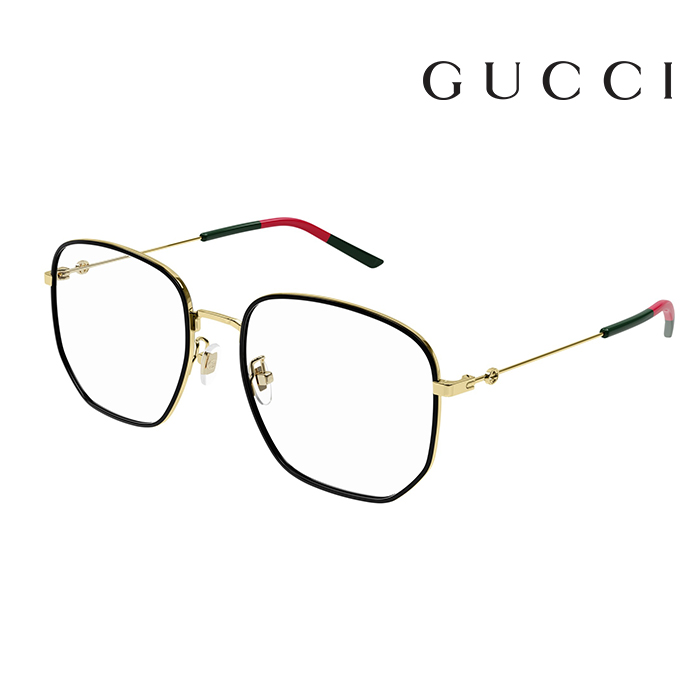 【Gucci】古馳 光學鏡框 GG1197OA 001 56mm 大鏡面 多邊形框眼鏡 LOGO鏡腳 黑金框/紅綠色腳