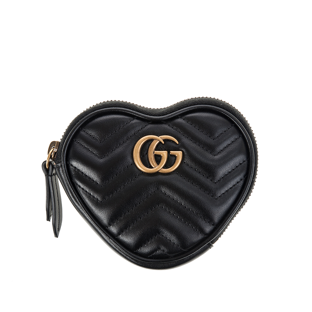 GUCCI 新款GG Marmont 絎縫皮革心形拉鍊零錢包 (黑色)