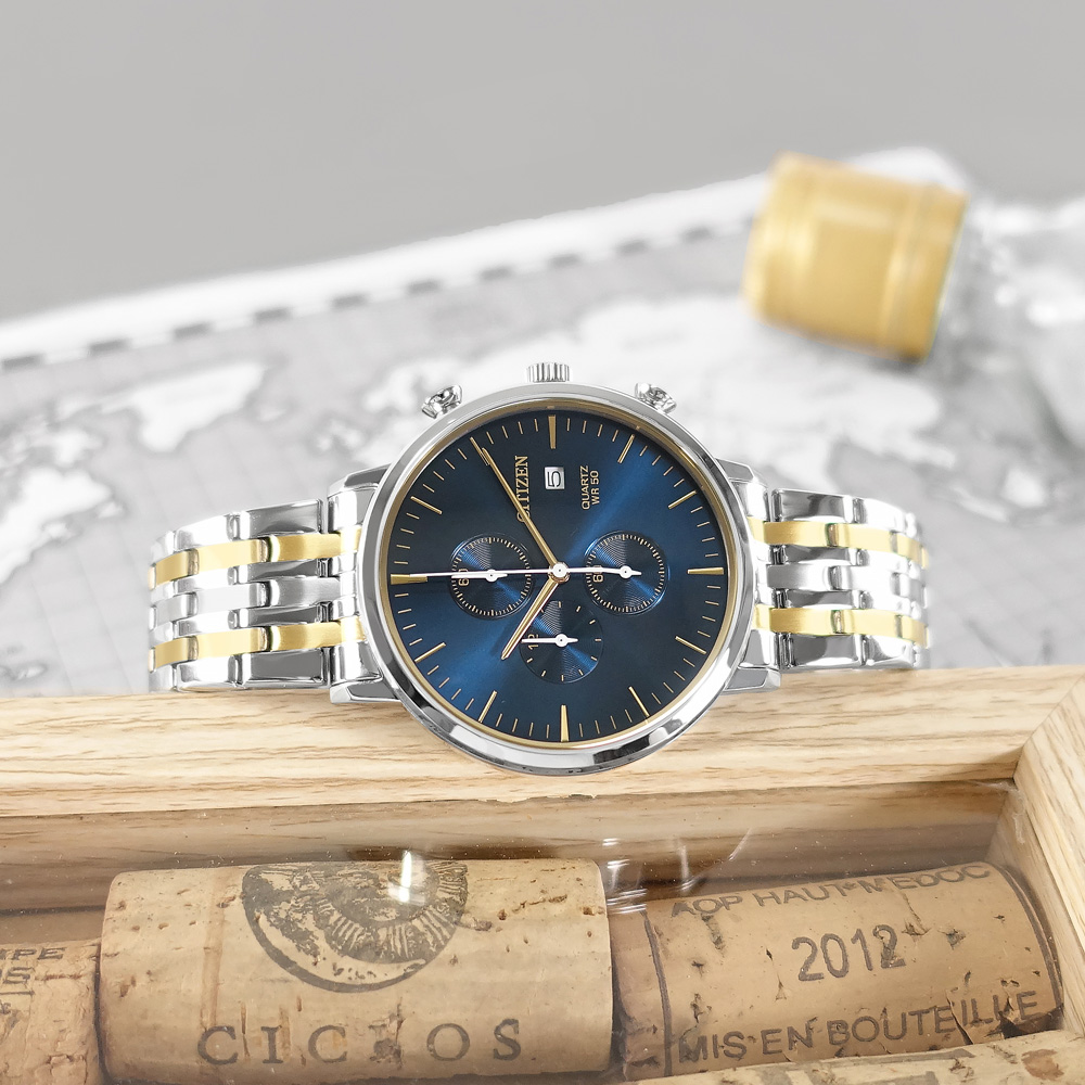 CITIZEN 星辰表 / AN3614-54L / 三眼計時日期礦石強化玻璃日本機芯不鏽鋼手錶 藍x鍍金 41mm