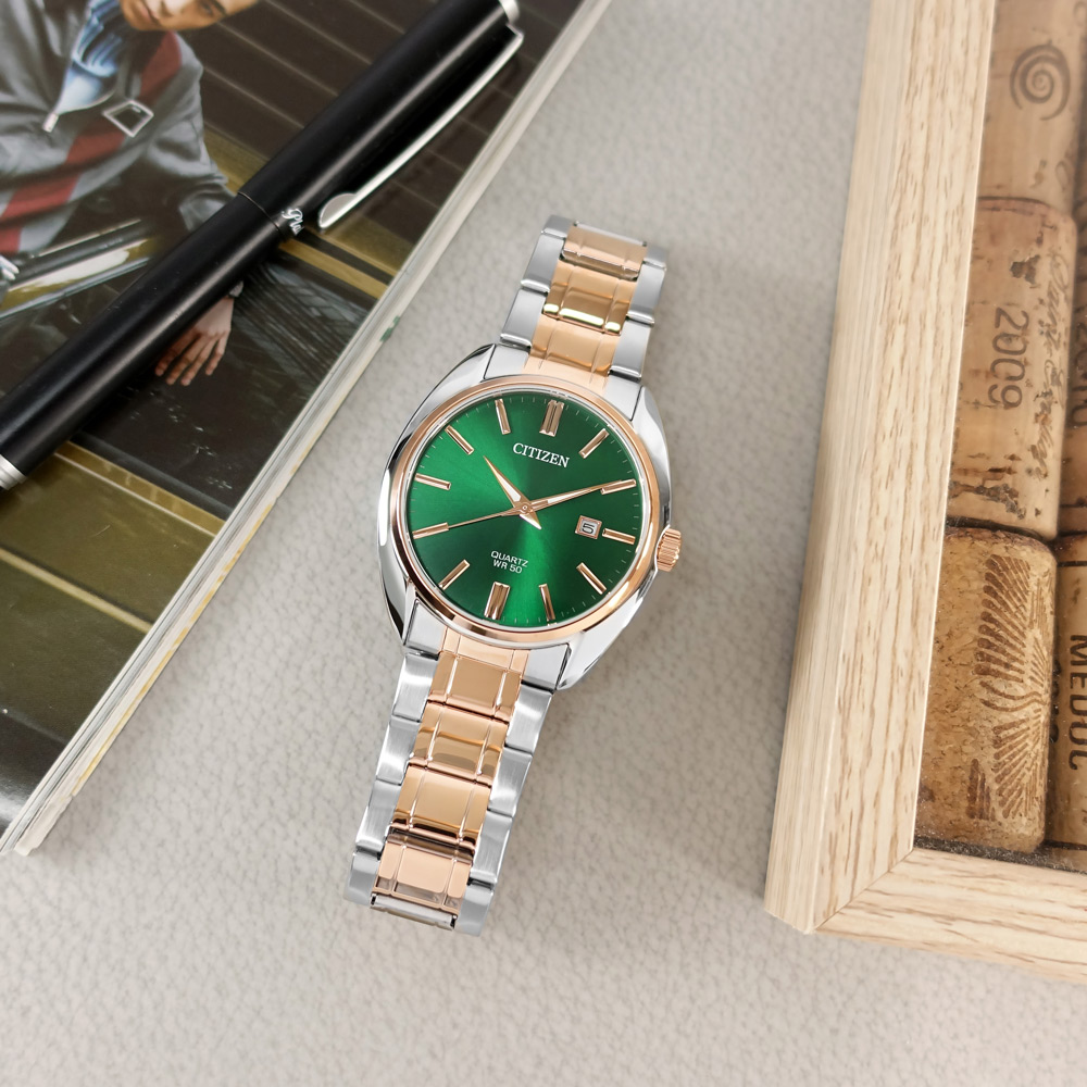 CITIZEN 星辰表 / BI5104-57Z / 礦石強化玻璃日本機芯日期不鏽鋼手錶 綠x鍍玫瑰金 41mm