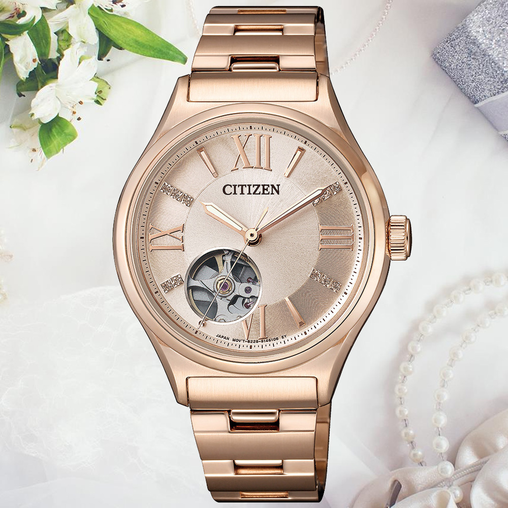 CITIZEN星辰 LADYS系列 晶鑽羅馬開芯機械腕錶 34mm/PC1003-58X