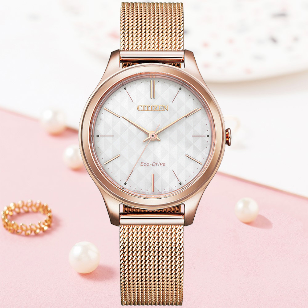 CITIZEN星辰 LADYS系列 光動能玫瑰金格紋腕錶 32mm/EM0508-80A