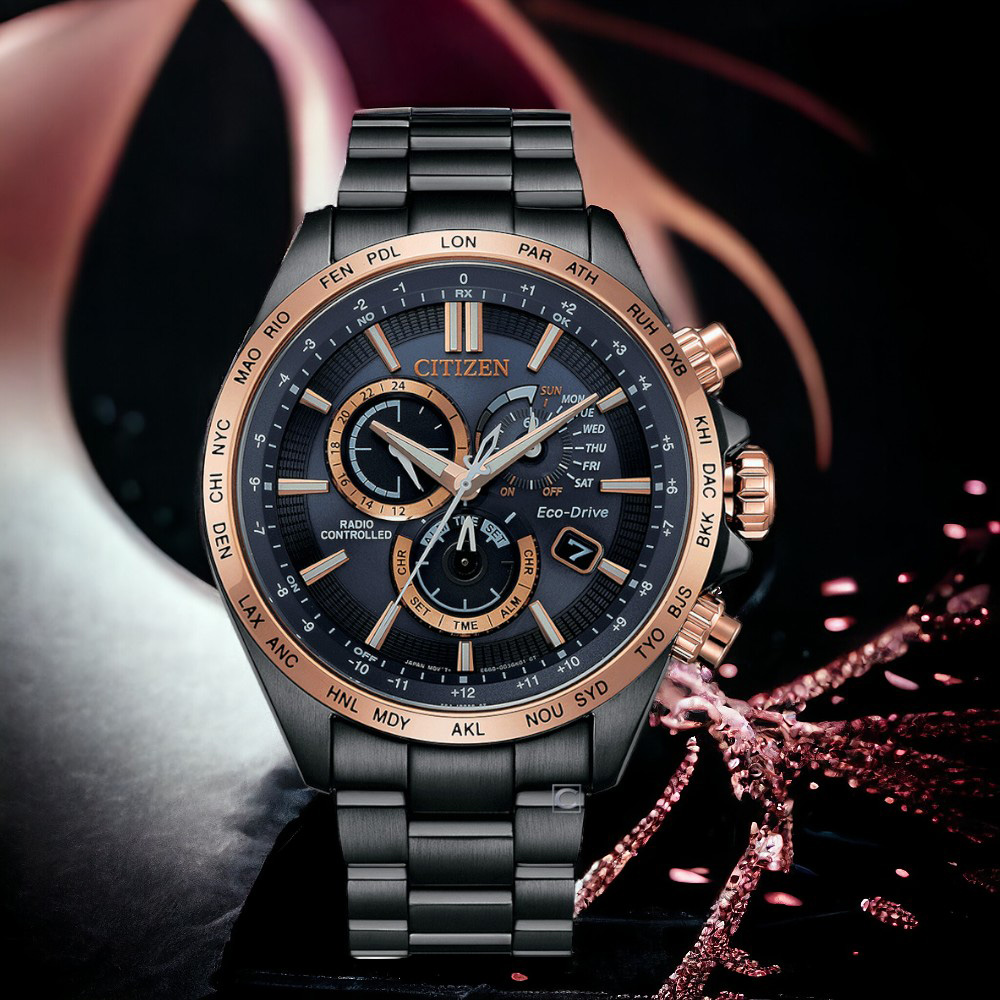 CITIZEN 星辰 光動能藍寶石電波鬧鈴多時區鋼帶錶-45mm 藍色 CB5956-89L 男錶 手錶 黑色
