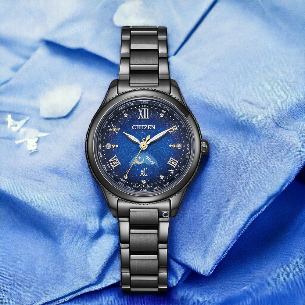 CITIZEN 星辰 XC 星星夜空 日月顯示 鈦金屬 光動能電波女錶-29mm藍色 EE1007-75L 腕錶 手錶