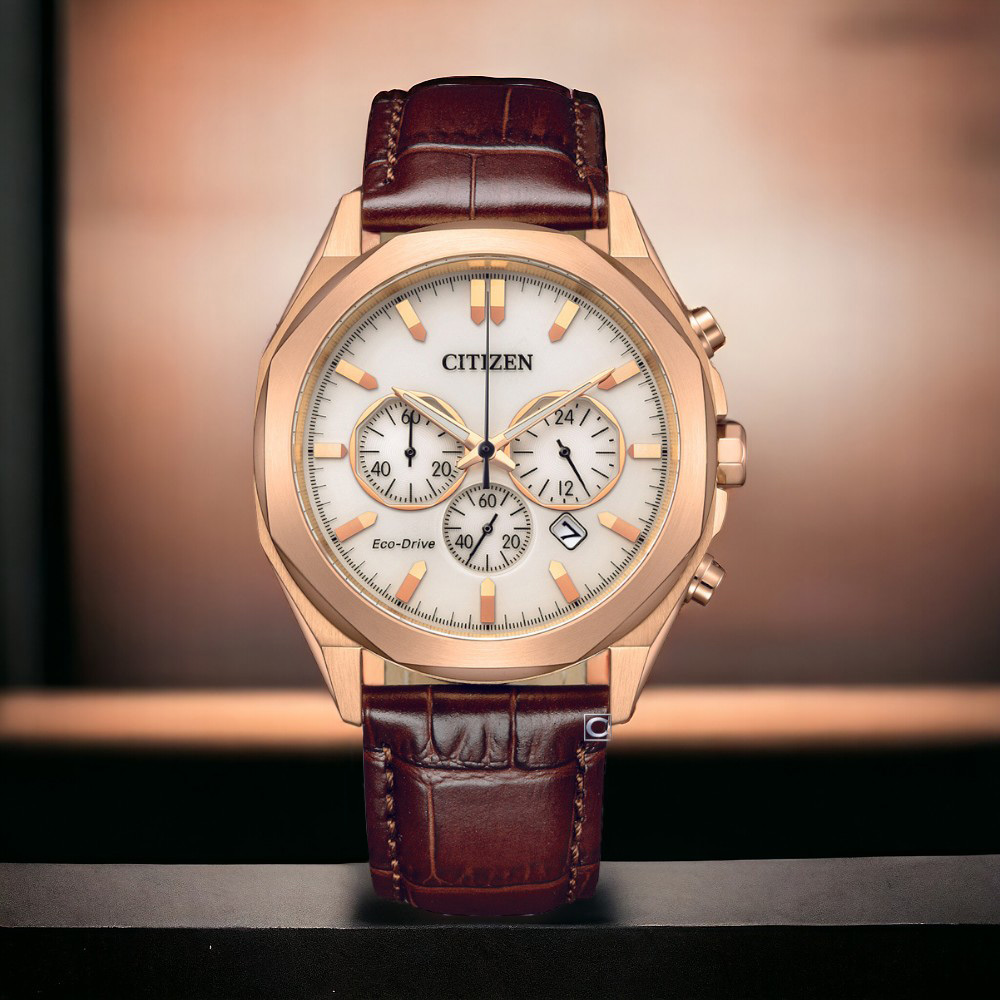 CITIZEN 星辰 Chronograph 光動能計時腕錶-41mm CA4593-15A 手錶 男錶 棕色 玫瑰金色