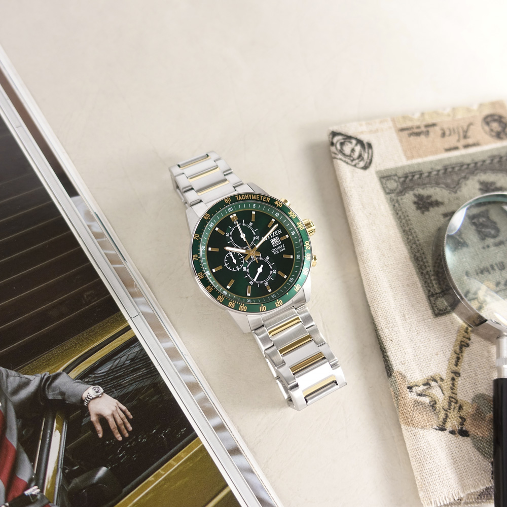 CITIZEN 星辰錶 / AN3689-55X / 三眼計時碼錶 日本機芯 防水100米 不鏽鋼手錶 綠x鍍金 44mm