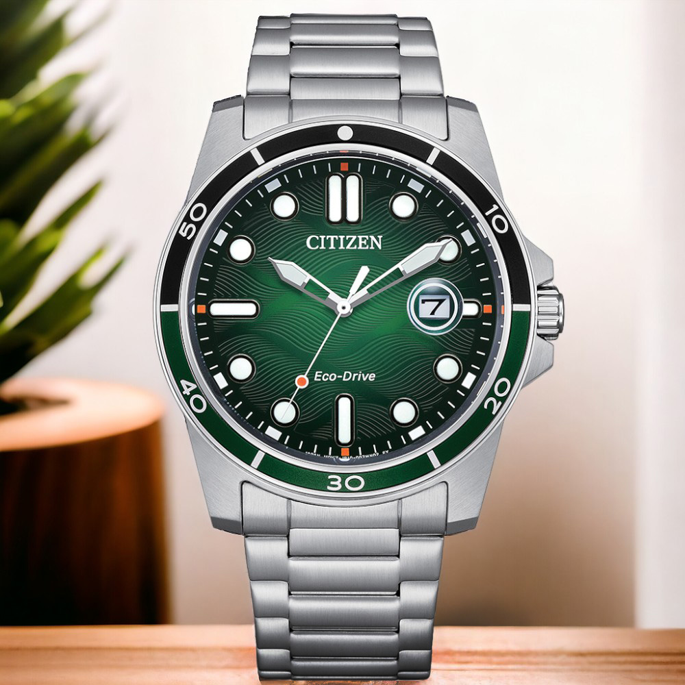CITIZEN 星辰 Eco-Drive光動能 大三針手錶 男錶 綠色-AW1811-82X