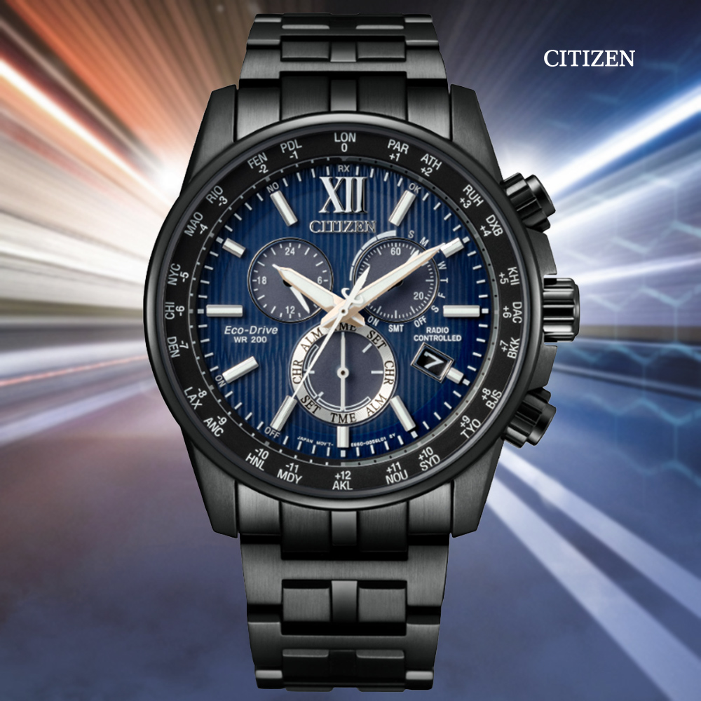 CITIZEN 星辰 GENTS 光動能 電波對時 三眼碼錶計時腕錶-藍黑42.5mm(CB5885-85L)