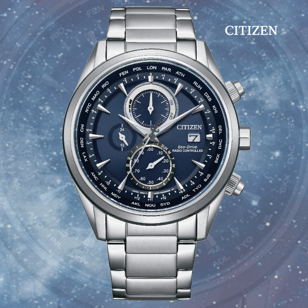 CITIZEN 星辰 GENTS 光動能 電波對時 三眼碼錶計時腕錶-藍43mm(AT8260-85L)