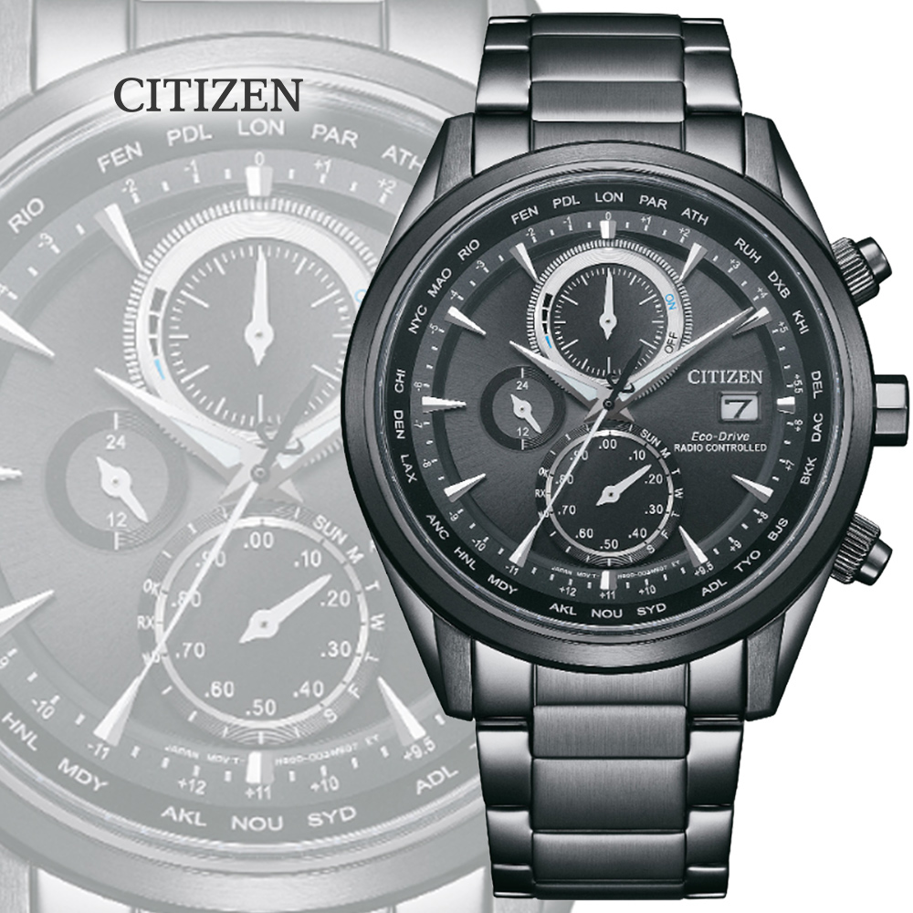 CITIZEN 星辰 GENTS 光動能 電波對時 三眼碼錶計時腕錶-黑43mm(AT8265-81E)