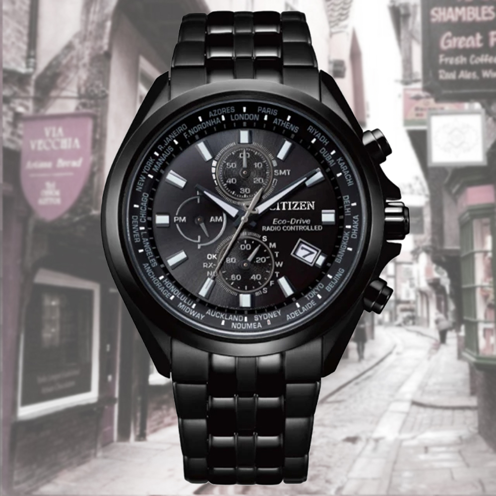 CITIZEN 星辰 光動能 電波對時 碼表計時紳士腕錶-全黑44mm(AT8205-83E防水100米)