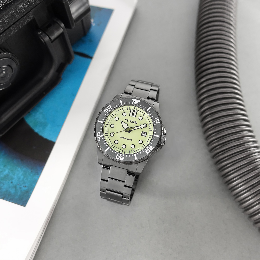 CITIZEN 星辰錶/NJ0177-84X/夜光型者 機械錶 自動上鍊 防水100米 不鏽鋼手錶 螢光綠x鍍灰 43mm
