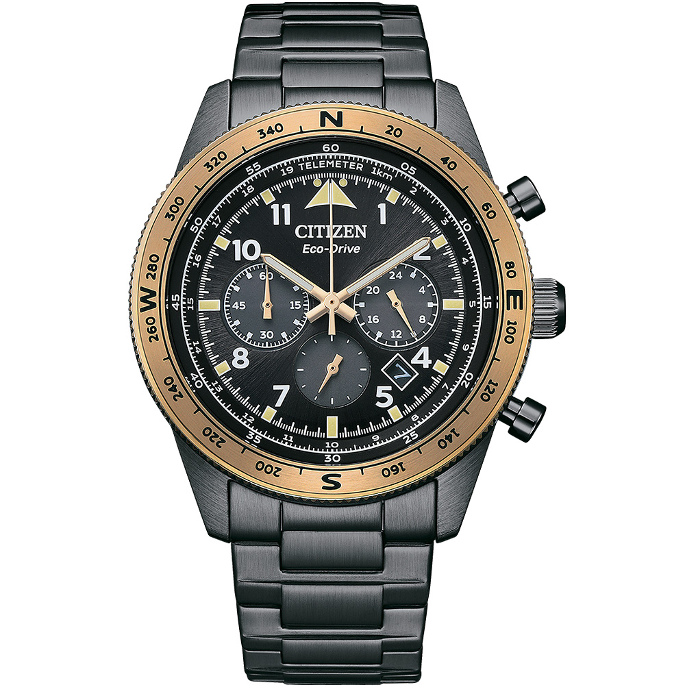 CITIZEN 星辰 光動能航空計時手錶-黑X香檳金 CA4556-89E