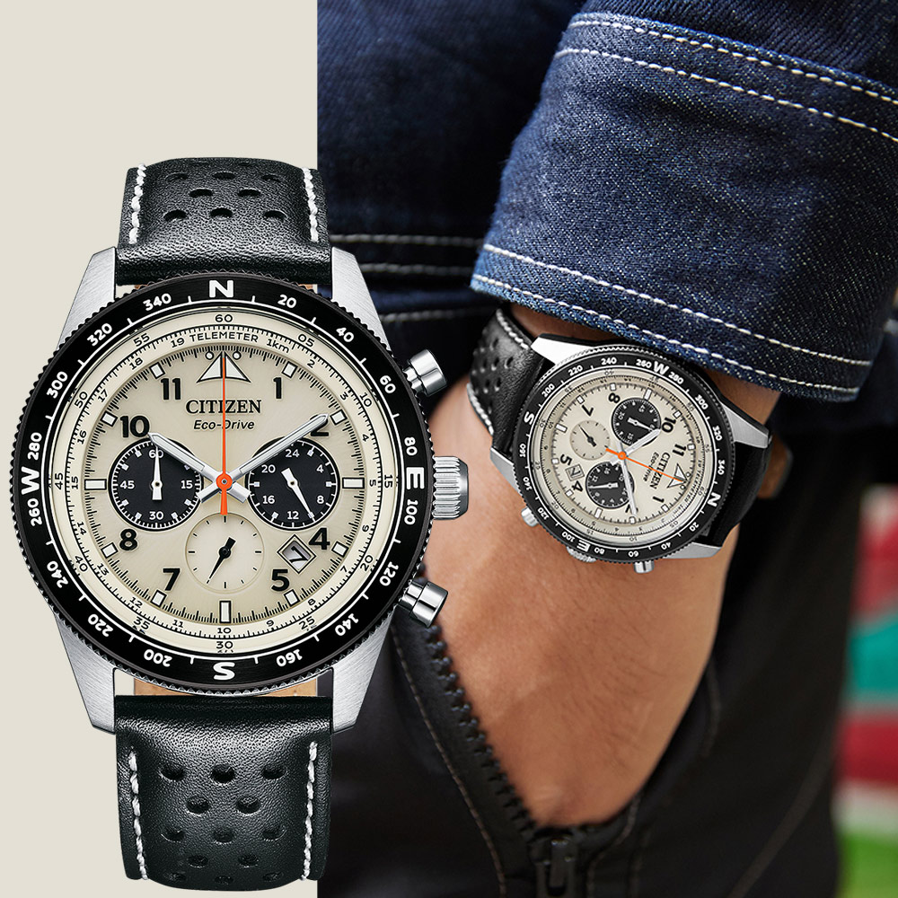 CITIZEN 星辰 光動能航空計時手錶-米X黑 CA4559-13A