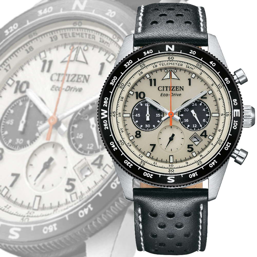 CITIZEN 星辰 Chronograph 光動能 碼錶計時三眼不鏽鋼腕錶-皮錶帶43mm(CA4559-13A)