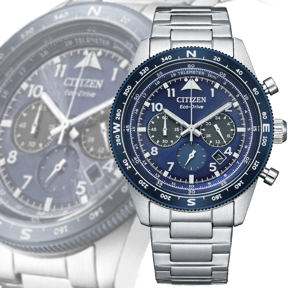 CITIZEN 星辰 Chronograph 光動能 碼錶計時三眼不鏽鋼腕錶-藍43mm(CA4554-84L)
