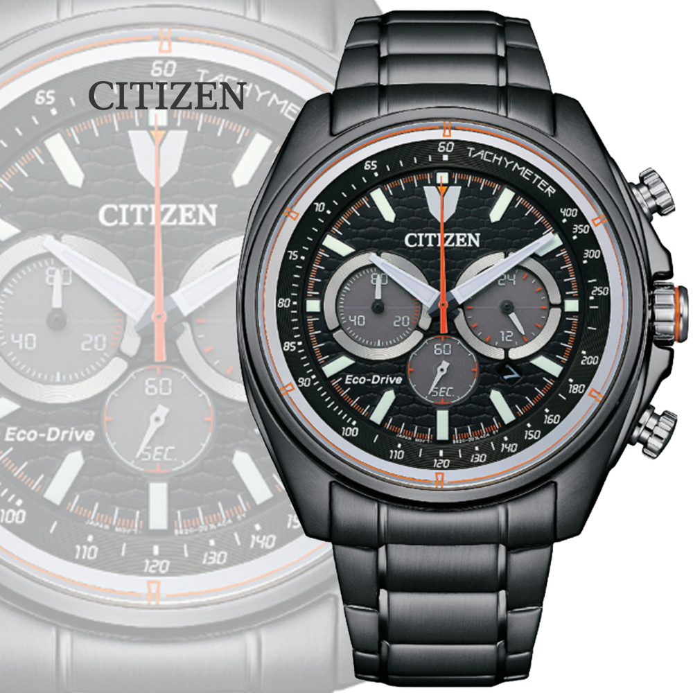 CITIZEN 星辰 Chronograph 光動能 碼錶計時三眼不鏽鋼腕錶-黑44.75mm(CA4567-82H)