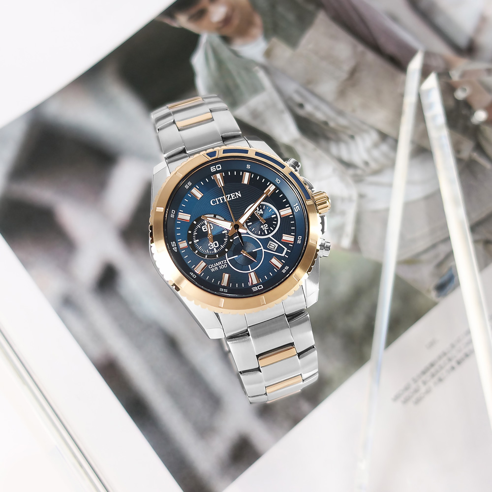 CITIZEN 星辰表 / AN8206-53L / 三眼計時 日期 防水100米 不鏽鋼手錶 藍x鍍玫瑰金 43mm