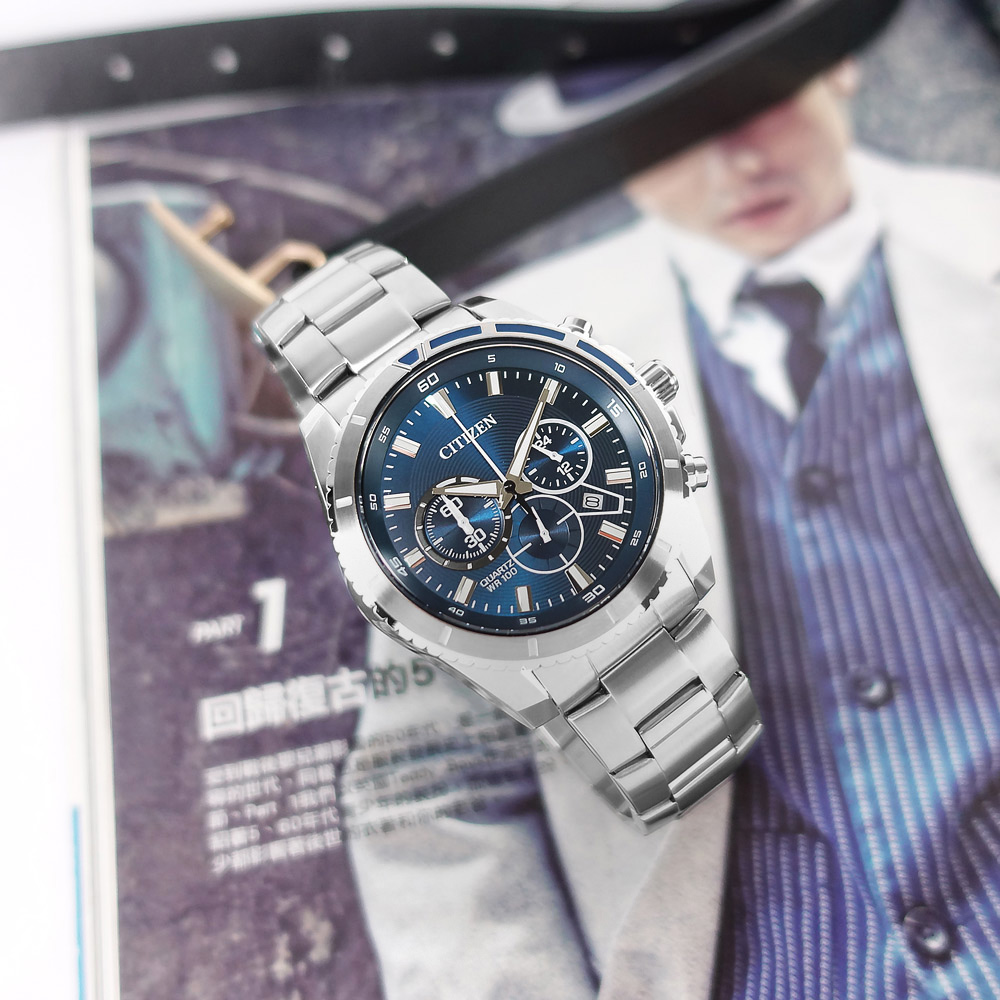 CITIZEN 星辰表 / AN8201-57L / 三眼計時日期防水100米不鏽鋼手錶 藍色 43mm