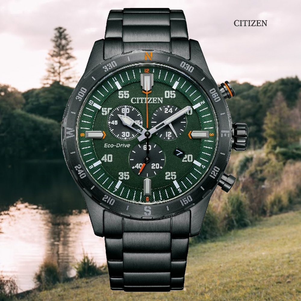 CITIZEN 星辰 Chronograph 光動能 計時碼錶三眼不鏽鋼腕錶-綠43.5mm(AT2527-80X)