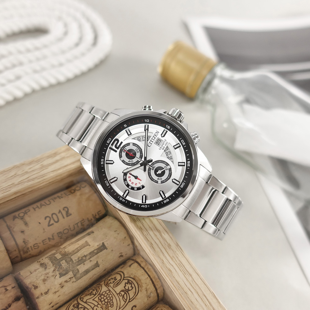 CITIZEN 星辰表 / AN3690-56A / 經典三眼 計時碼錶 日期 防水100米 不鏽鋼手錶 黑銀色 43mm