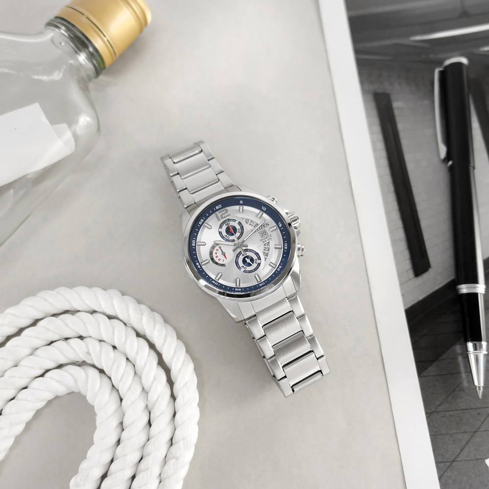 CITIZEN 星辰表 / AN3690-56B / 經典三眼 計時碼錶 日期 防水100米 不鏽鋼手錶 藍銀色 43mm
