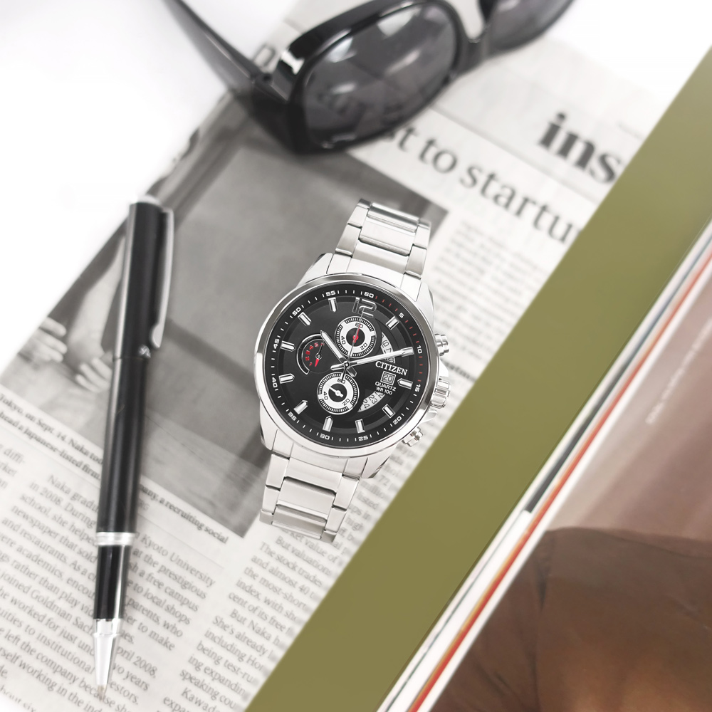 CITIZEN 星辰表 / AN3690-56E /經典三眼計時碼錶日期日本機芯防水100米不鏽鋼手錶黑色43mm