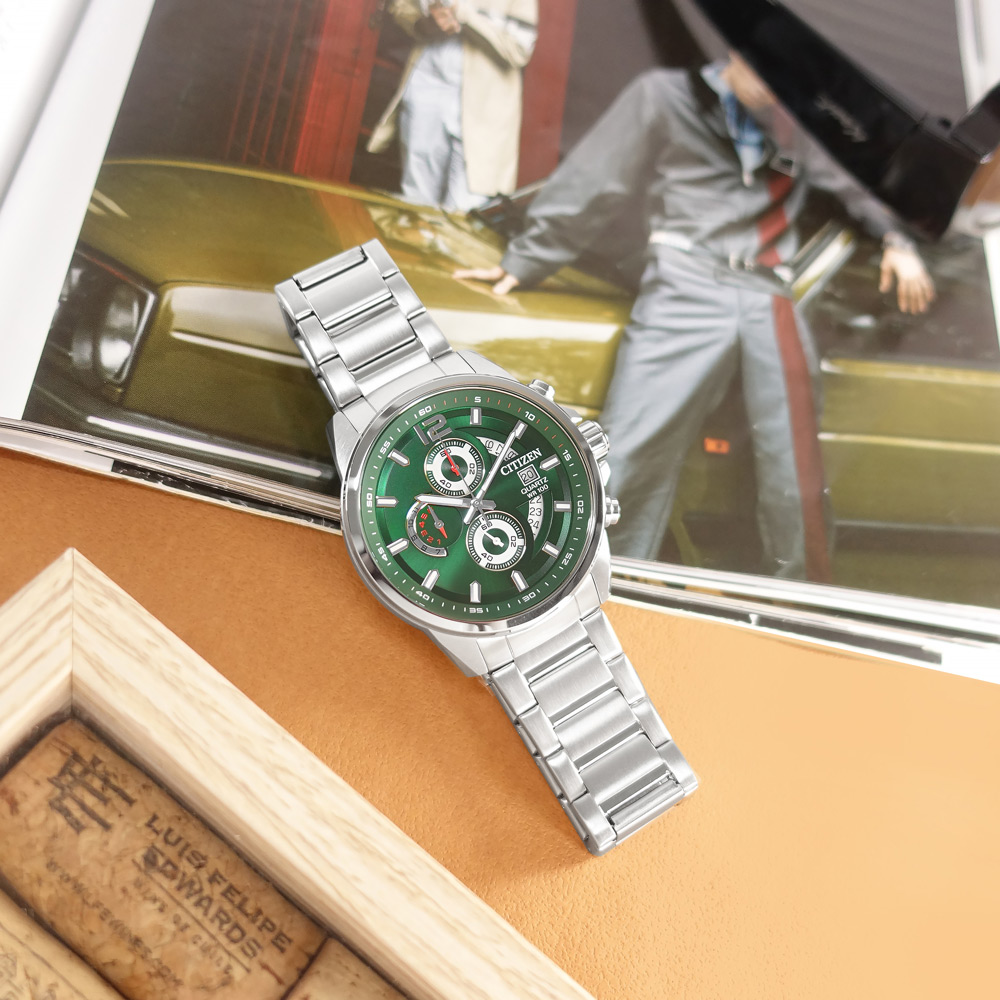 CITIZEN 星辰表 / AN3690-56X / 經典三眼計時碼錶日期日本機芯防水100米不鏽鋼手錶綠色43mm
