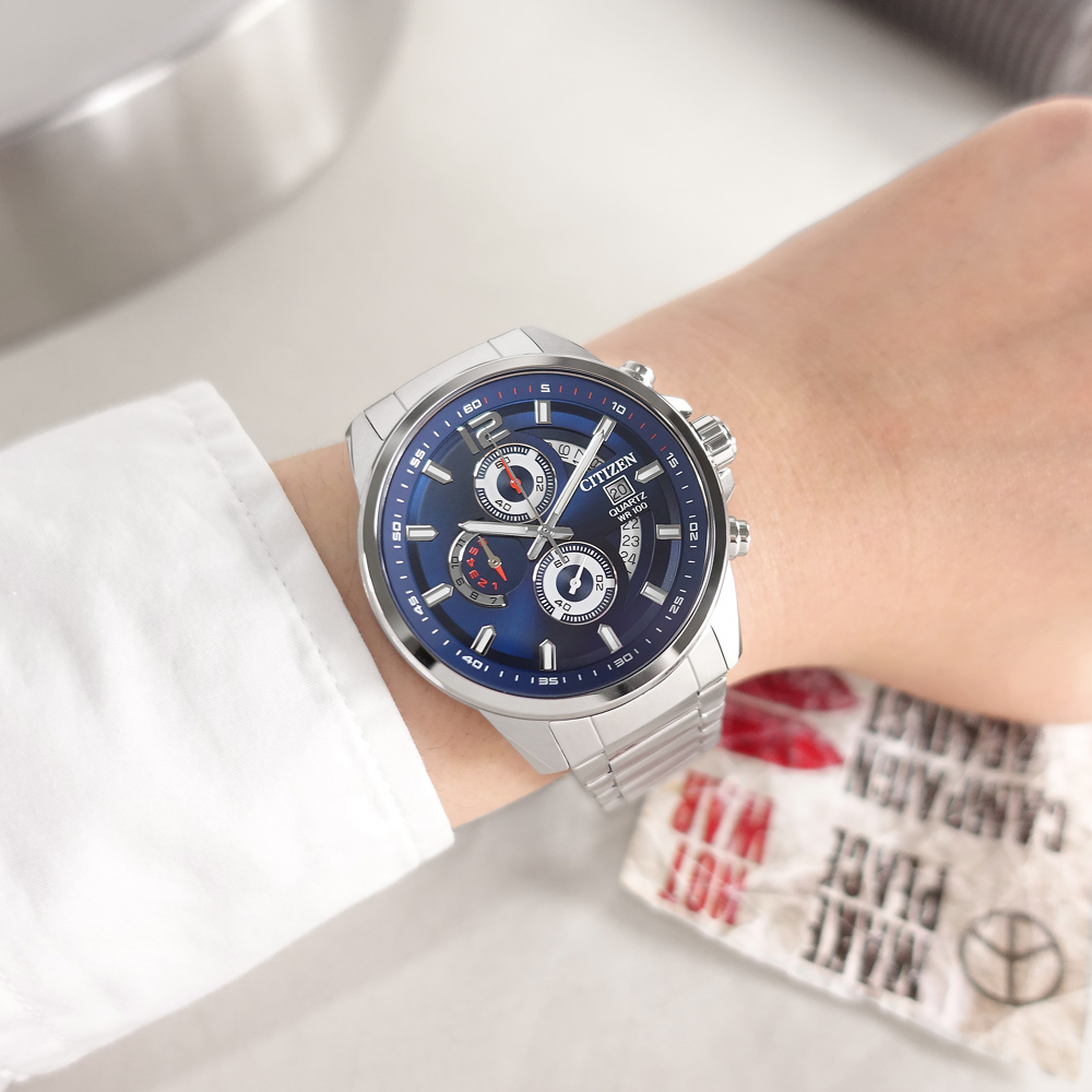 CITIZEN 星辰表 / AN3690-56L / 經典三眼計時碼錶日期日本機芯防水100米不鏽鋼手錶藍色43mm