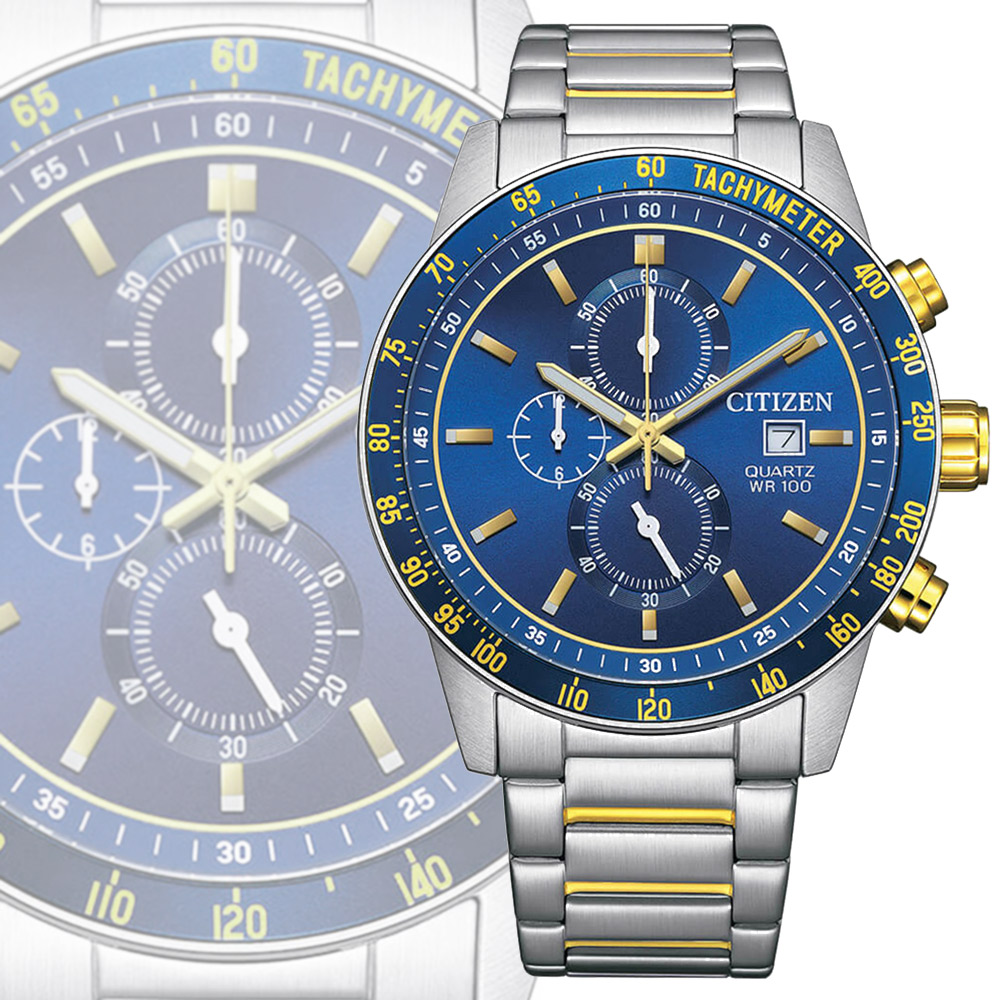 CITIZEN 星辰 Chronograph 碼錶計時 不鏽鋼石英錶-藍面44mm AN3684-59L
