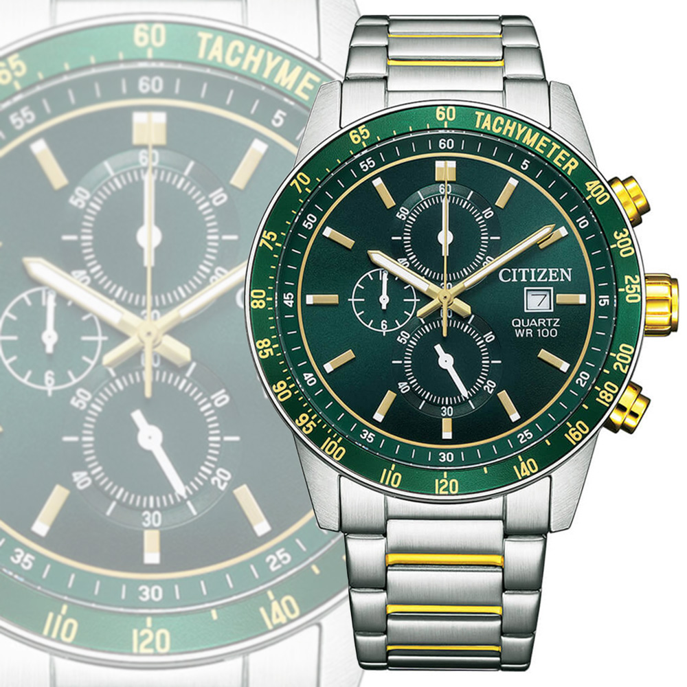 CITIZEN 星辰 Chronograph 碼錶計時 不鏽鋼石英錶-綠面44mm AN3689-55X