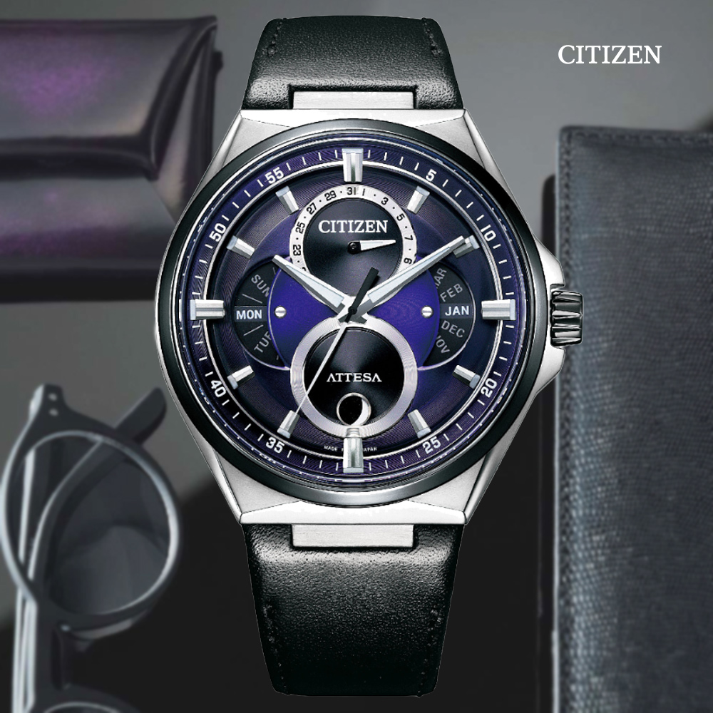 CITIZEN 星辰 GENTS 光動能 鈦金屬月相潮男腕錶-藍面 皮錶帶42mm(BU0066-11W)