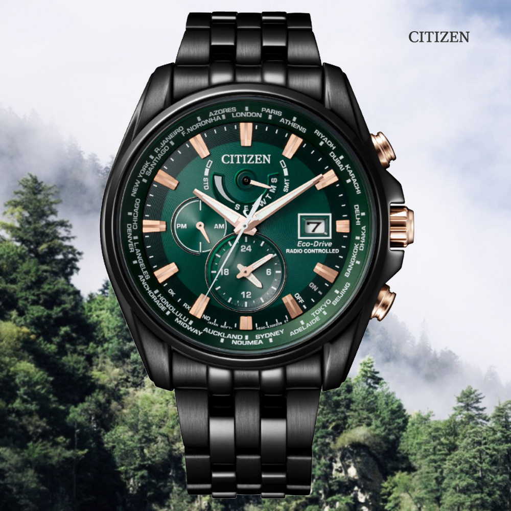 CITIZEN 星辰 GENTS廣告款 光動能 電波對時不鏽鋼腕錶-綠44mm AT9128-87X