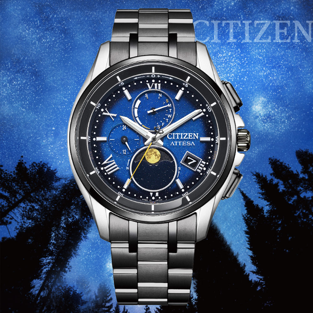 CITIZEN 星辰 GENTS 夜川月 星空藍 光動能電波對時 月相鈦金屬腕錶 BY1007-60L