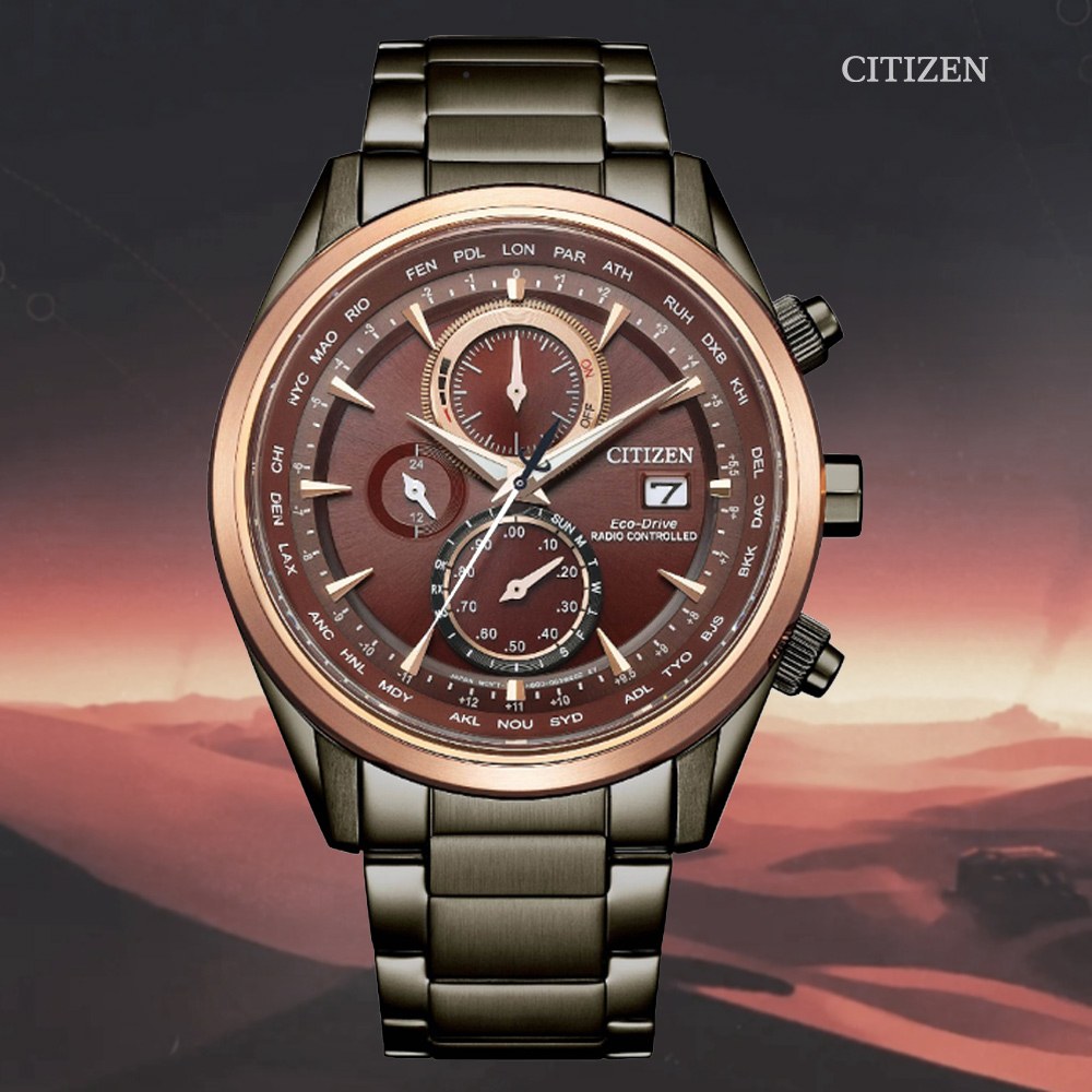 CITIZEN 星辰 GENTS 光動能電波對時 碼錶計時腕錶-酒紅43mm AT8267-86X