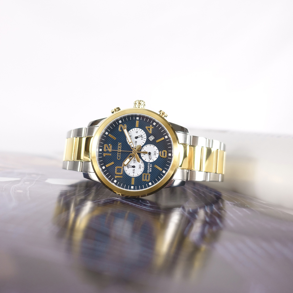 CITIZEN 星辰表 / AN8059-56L / 經典商務 三眼計時 日期 不鏽鋼手錶 藍x鍍金 42mm