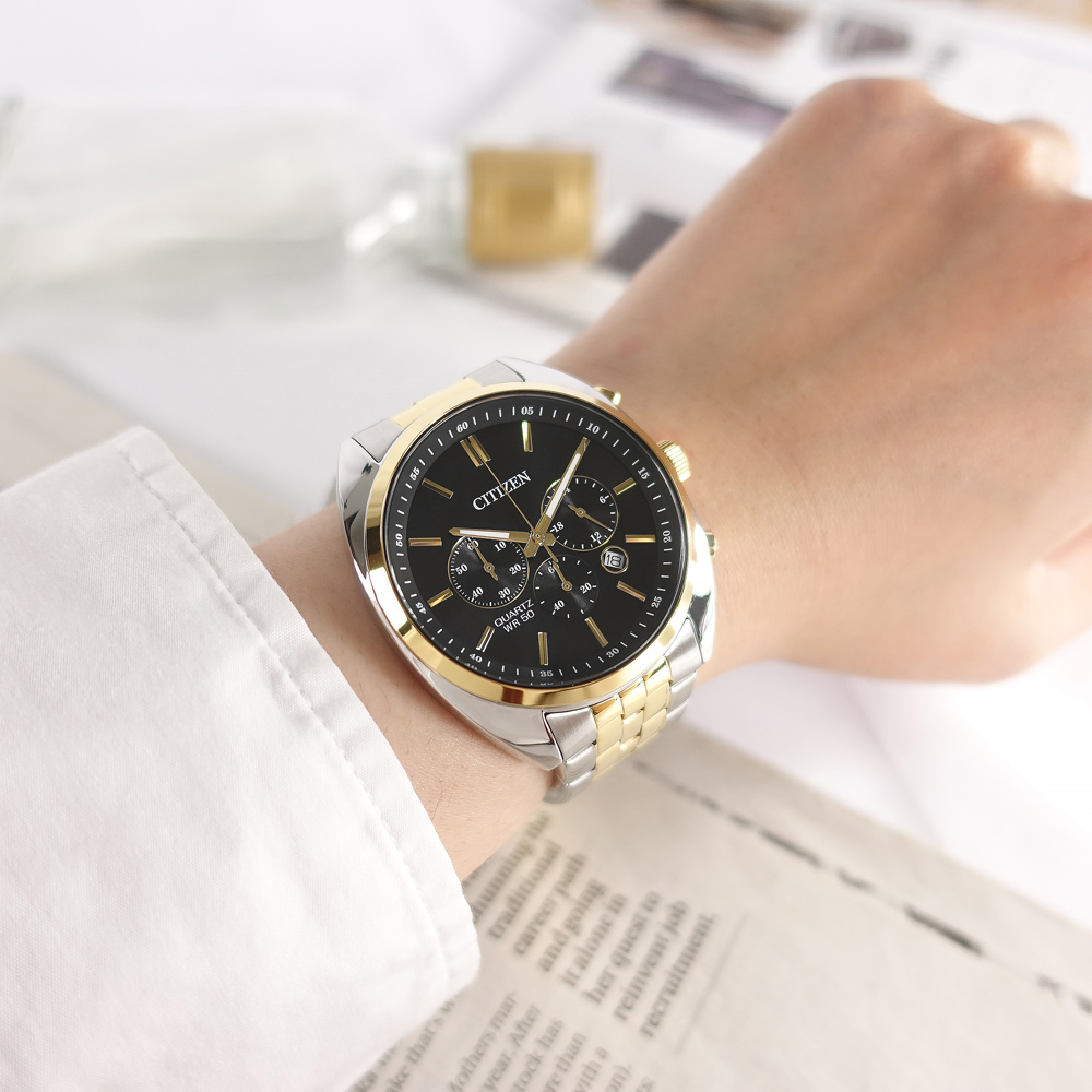 CITIZEN 星辰表 / AN8214-55E / 經典商務 三眼計時 日期 不鏽鋼手錶 黑x鍍金 42mm