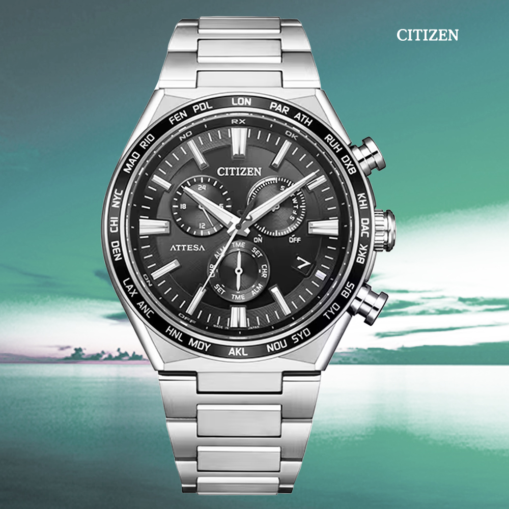 CITIZEN 星辰 GENTS 光動能 鈦金屬電波對時 碼錶計時腕錶-銀 CB5966-69E