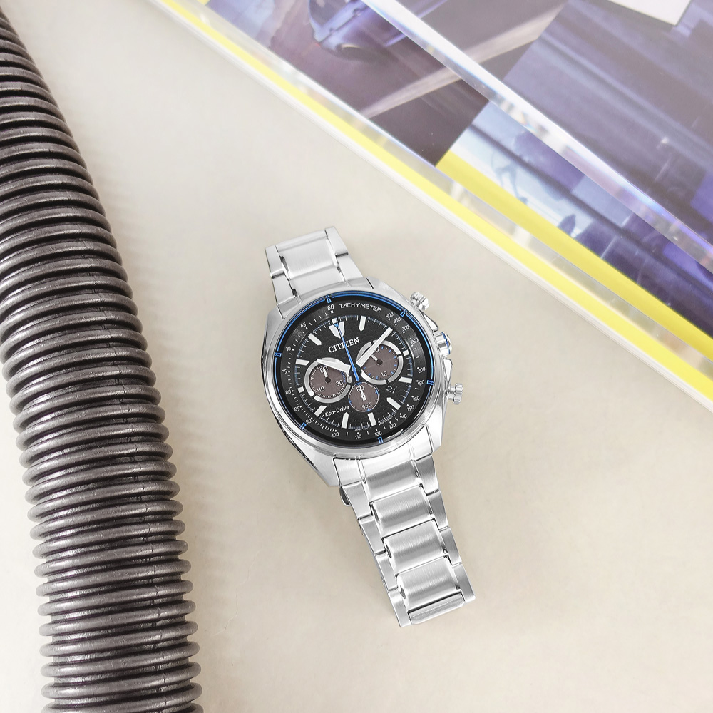 CITIZEN 星辰表 / CA4560-81E / 光動能三眼計時日期防水100米不鏽鋼手錶 黑色 44mm