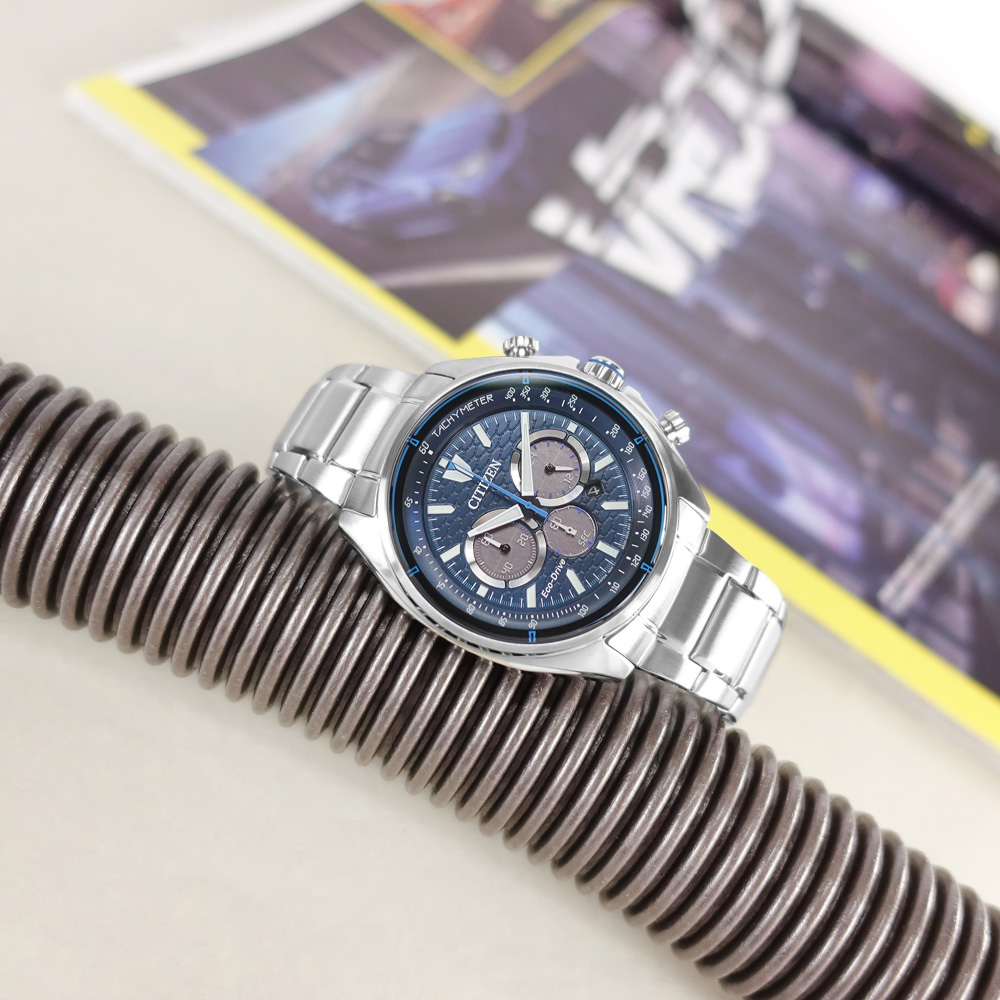 CITIZEN 星辰表 / CA4560-81L / 光動能三眼計時日期防水100米不鏽鋼手錶 藍色 44mm