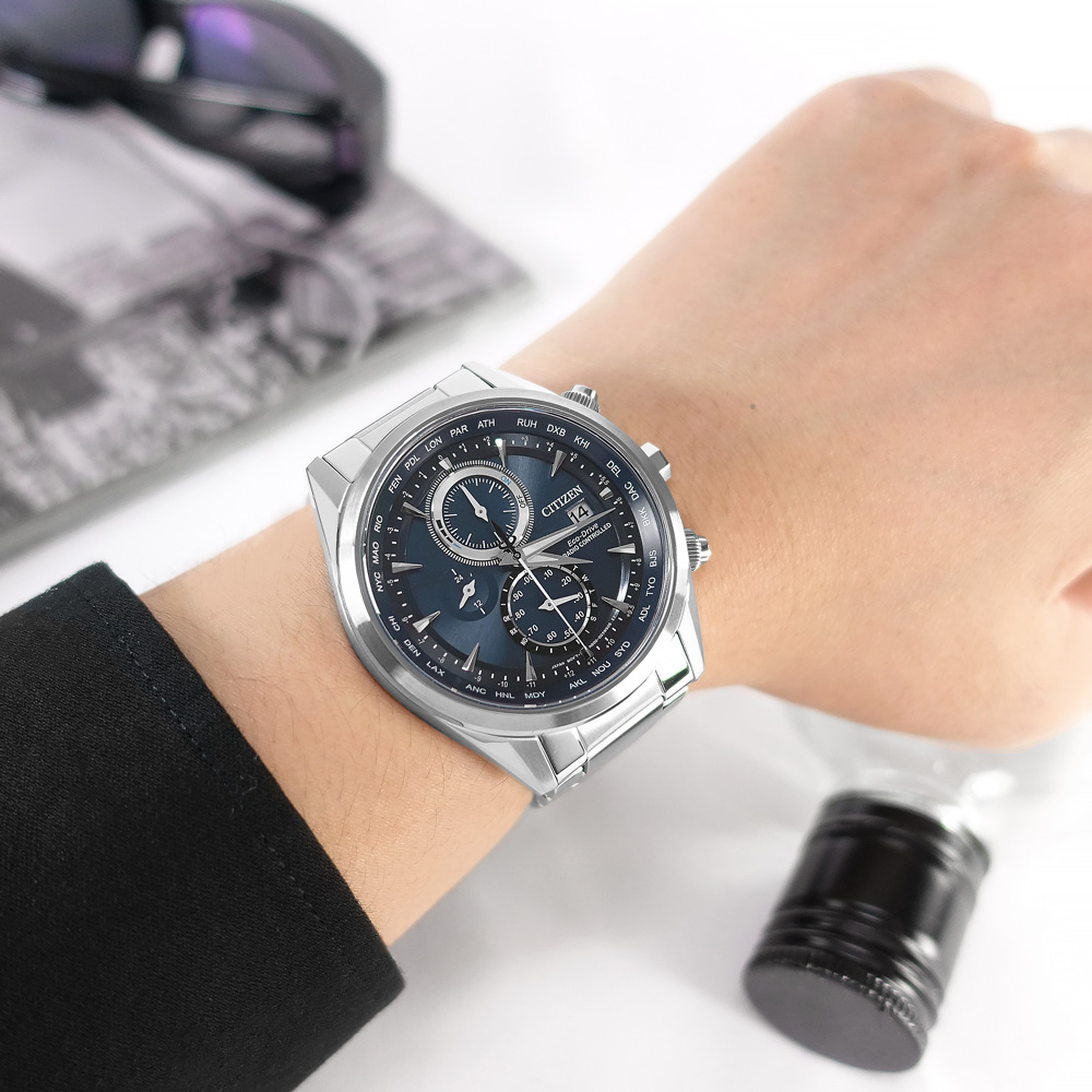 CITIZEN 星辰表 / AT8260-85L / 光動能萬年曆電波錶藍寶石水晶玻璃日期不鏽鋼手錶 藍色 43mm
