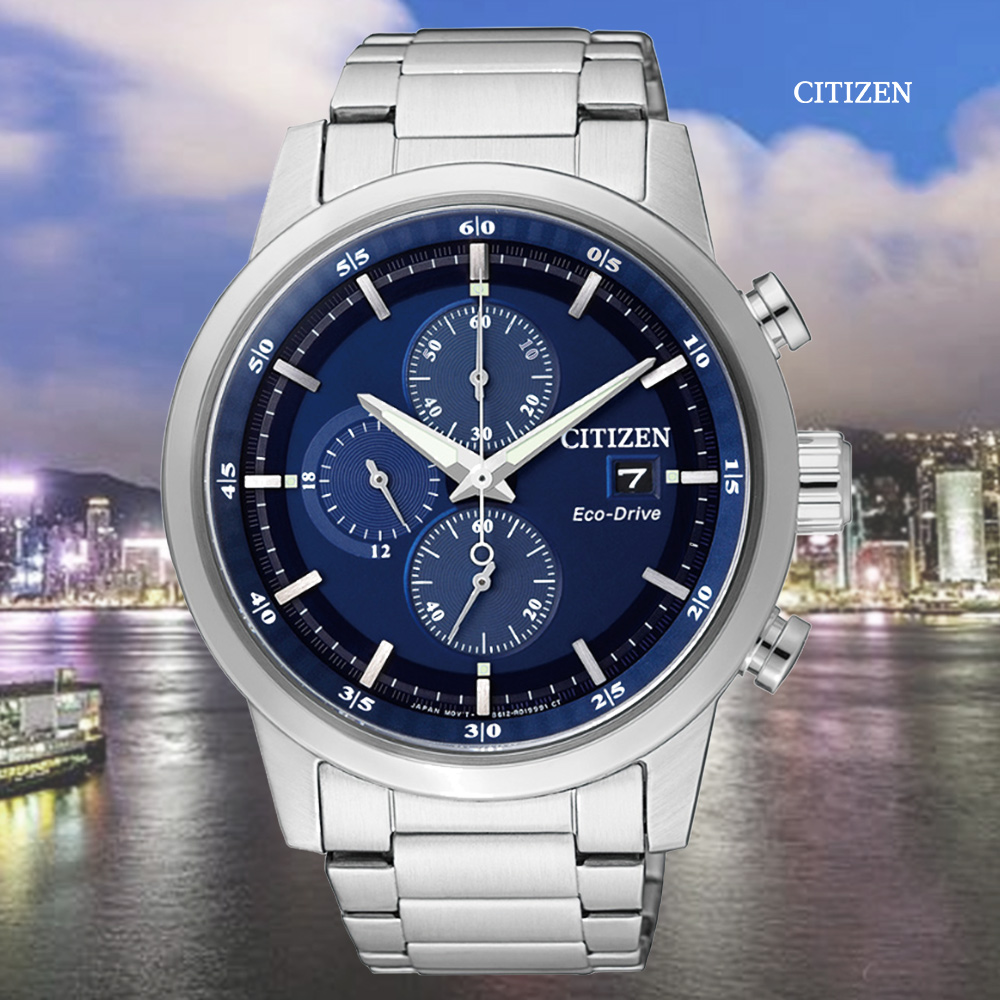 CITIZEN 星辰 光動能三眼碼錶計時不鏽鋼潮男腕錶-銀藍43mm CA0610-52L