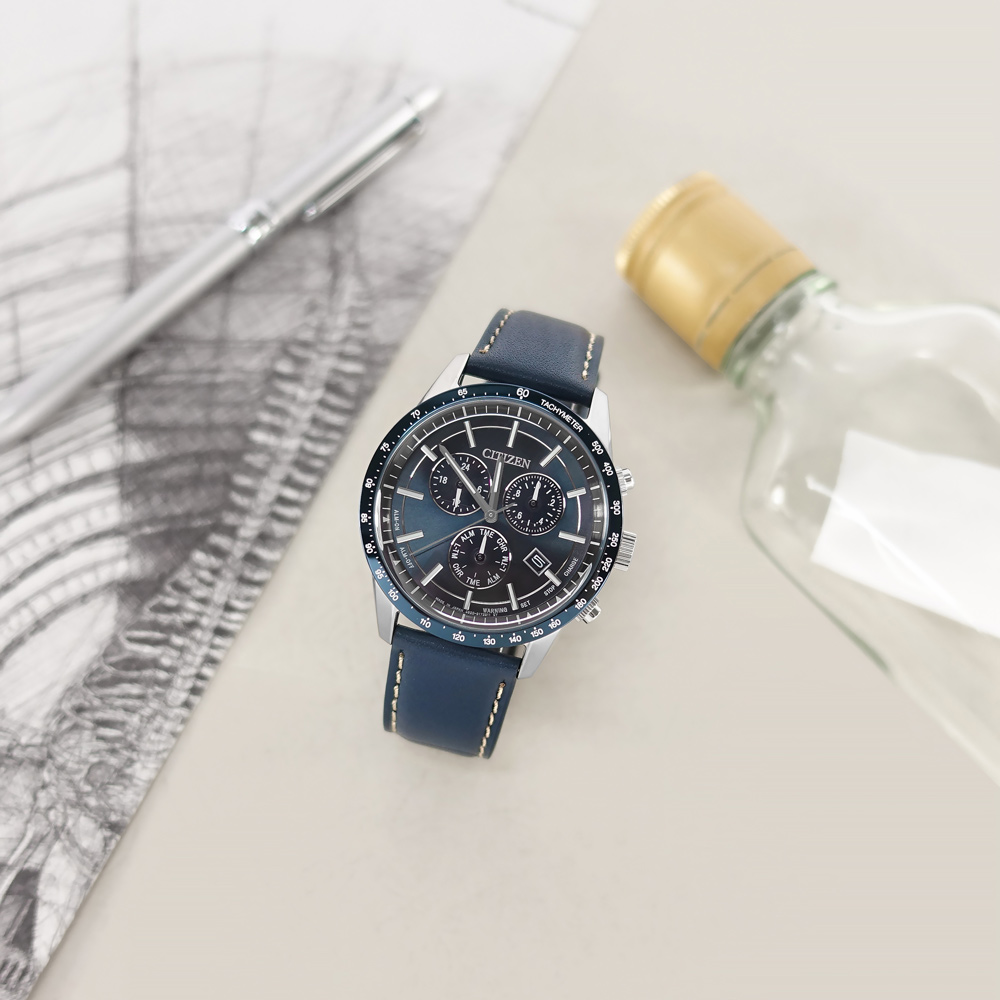 CITIZEN 星辰表 / BL5490-09M / 光動能 萬年曆 日本製 防水100米 小牛皮手錶 藍x銀框 40mm