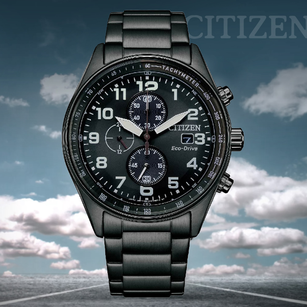 CITIZEN 星辰 Chronograph 光動能 碼錶計時三眼不鏽鋼腕錶-黑43mm CA0775-79E