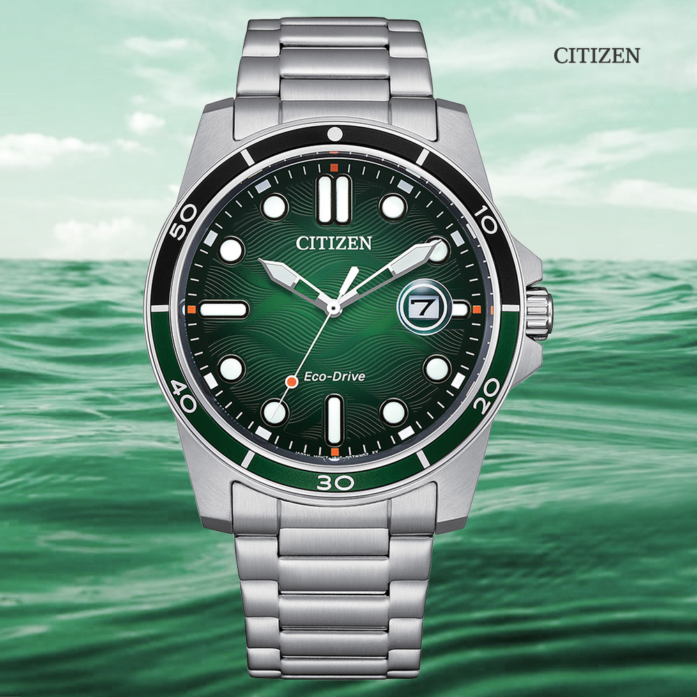 CITIZEN 星辰 GENTS 光動能 浪紋錶盤潮男腕錶-綠41.5mm AW1811-82X