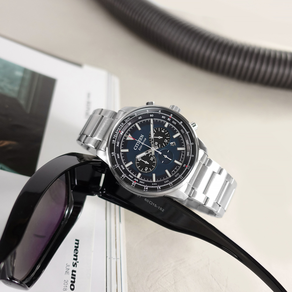 CITIZEN 星辰錶 / CA4500-91L / 光動能 三眼計時 日期 防水100米 不鏽鋼手錶 藍色 44mm