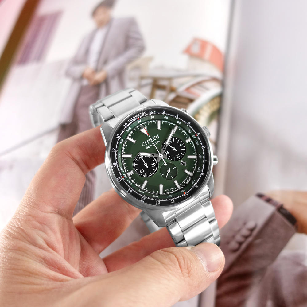 CITIZEN 星辰錶 / CA4500-91X / 光動能 三眼計時 日期 防水100米 不鏽鋼手錶 綠色 44mm